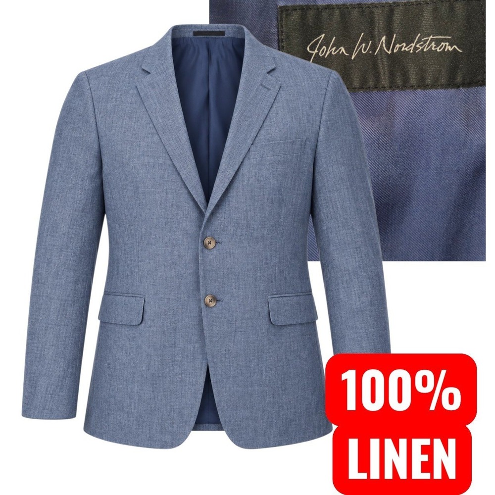John W. Nordstrom Blazer Men 46R Blue 100% Linen Sport Coat lightweight